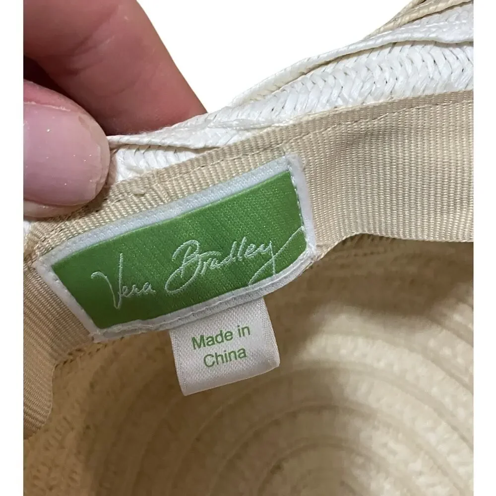 Vera Bradley Floppy Sun Hat Tan White Striped Wide Brim Straw Beach Hat‎ Womens